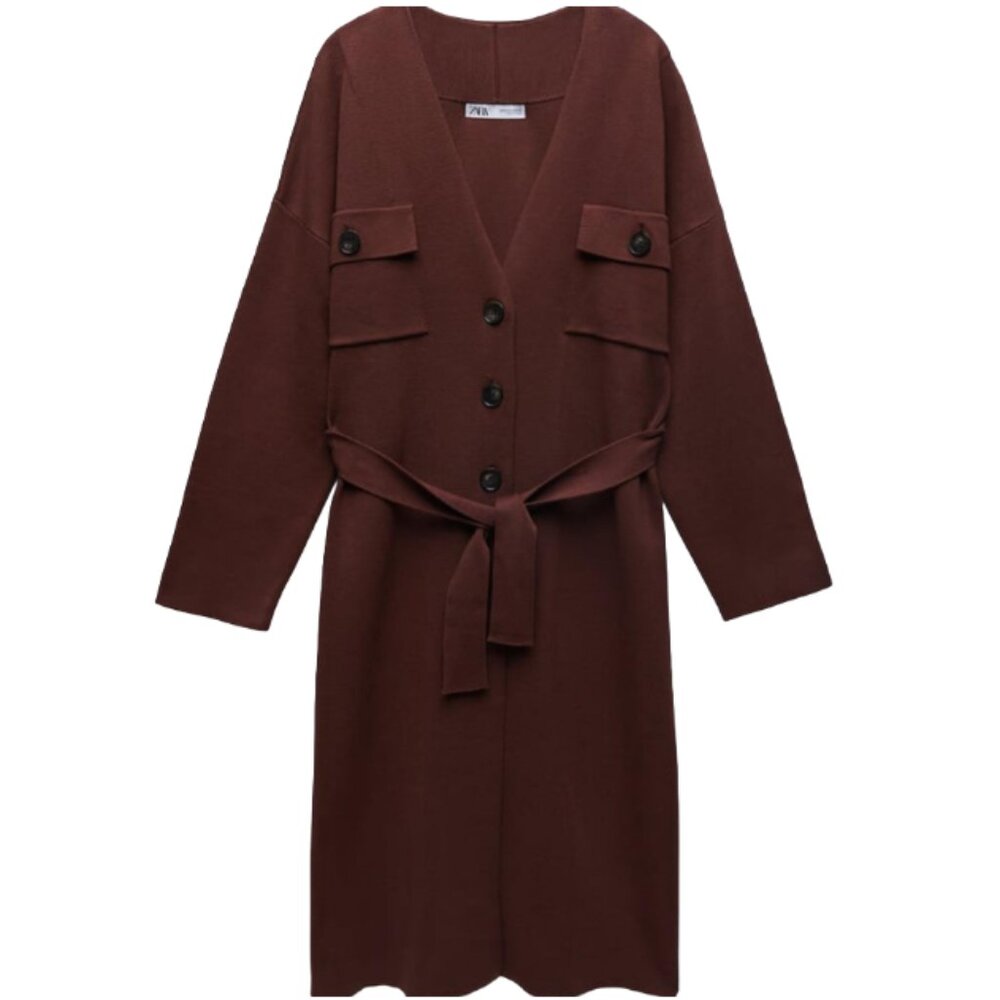Zara Chunky Oversized Belted Knit Coat, Size L - Picture 1 of 6